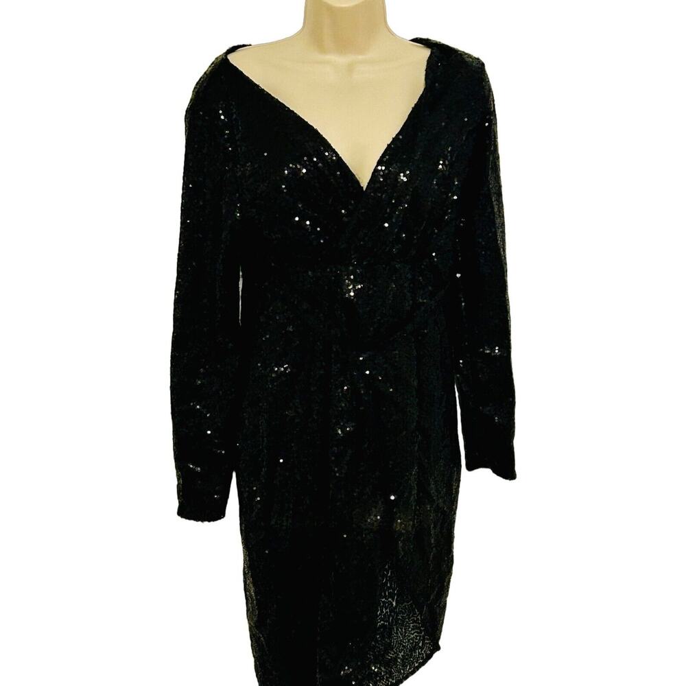 V neck Wrap around black sequin party dress Size XX Large